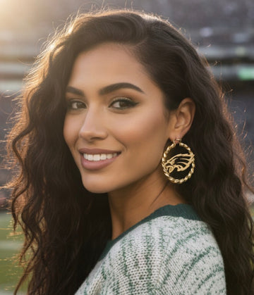 Gametime  Hoop Eagles Earrings Processing Time Up to 2 weeks( Business Days )Model is Wearing 50mm (Gold) Customer  90mm (Gold)